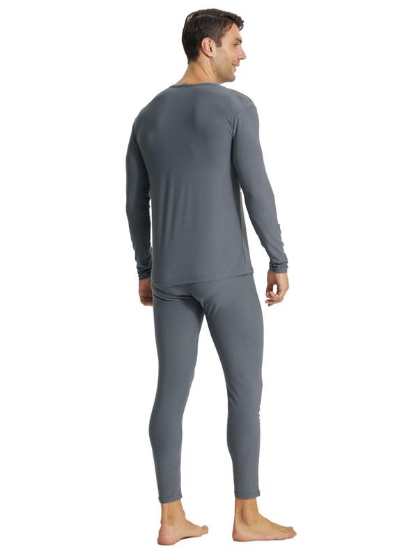 Men's Solid Long Sleeve Thermal Underwear Set, Casual Comfy Tee & Elastic Waist Pants Set for Daily Wear, Thermal Underwear Set for All Seasons