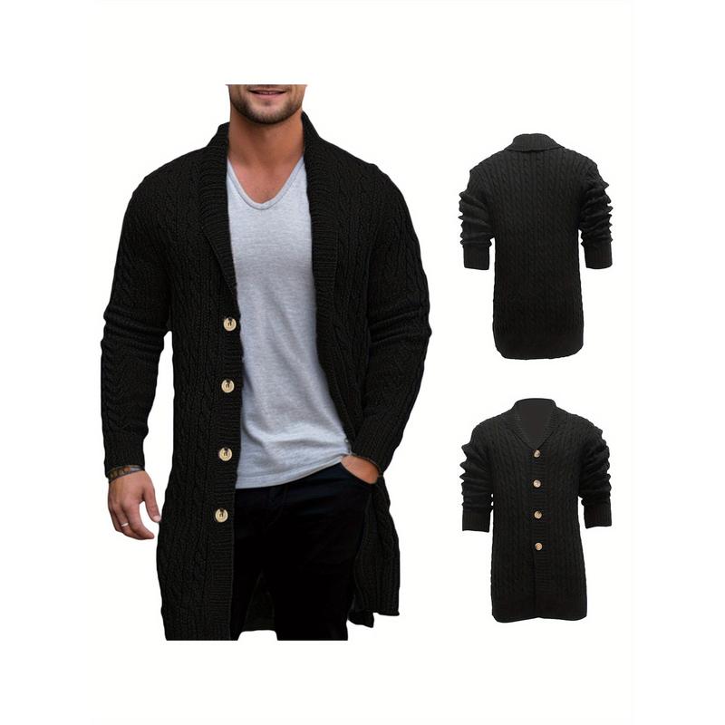 Knitwear coat long sleeve lapel button up cable cardigan sweater, men's autumn winter