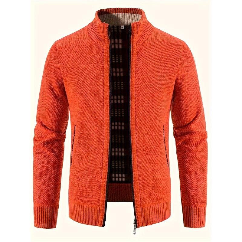 Mens Cozy Zip Up Knitted Jacket - Stylish Stand Collar, Comfortable for Cool Fall & Winter Days with Secure Zip Pockets Fabric Knitwear Menswear Zipper Casual High Neck Polyester Stretch Tops Knife