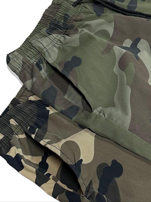 Men's Camo Print Drawstring Waist Flap Pocket Cargo Pants, Regular Fit Casual Patched Elastic Waist Trousers for Outdoor Daily Wear, Fashion Men's Bottoms for All Seasons