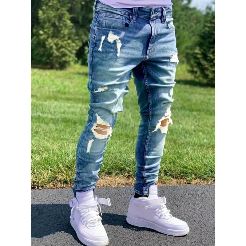 Premium Mens Ripped Jeans - Stretch Slim Fit, Fashionable Street Style, Comfortable Denim with Chic Rips for Urban Cool Look Menswear Trouser