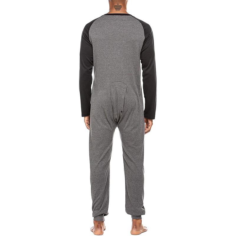 Men's Long Sleeve Comfortable  Pajama Jumpsuit Stripped Henley Button Onesie Romper