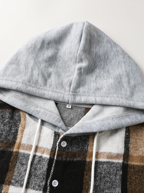 Men's Plaid Print Button Front Drawstring Hooded Shirt, Casual Regular Fit Long Sleeve Pocket Top for All Seasons, Men's Clothes for Daily Wear