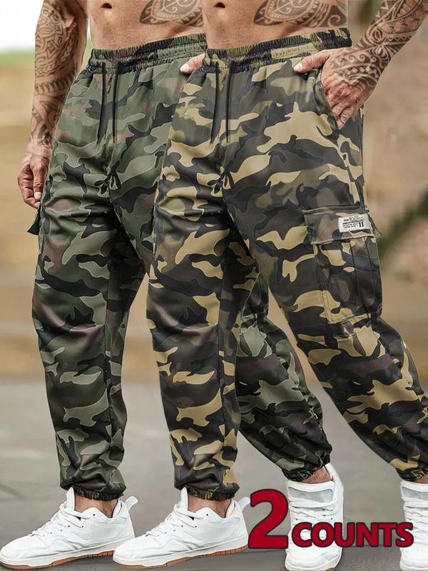 Men's Camo Print Drawstring Waist Flap Pocket Cargo Pants, Regular Fit Casual Patched Elastic Waist Trousers for Outdoor Daily Wear, Fashion Men's Bottoms for All Seasons