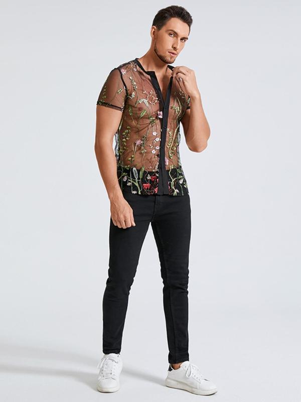 Men's Floral Embroidery Sheer Round Neck Mesh Tee, Loose Casual Short Sleeve Button Front Top for Summer, Fashion Men's Clothes for Daily Wear Sheer Shirts