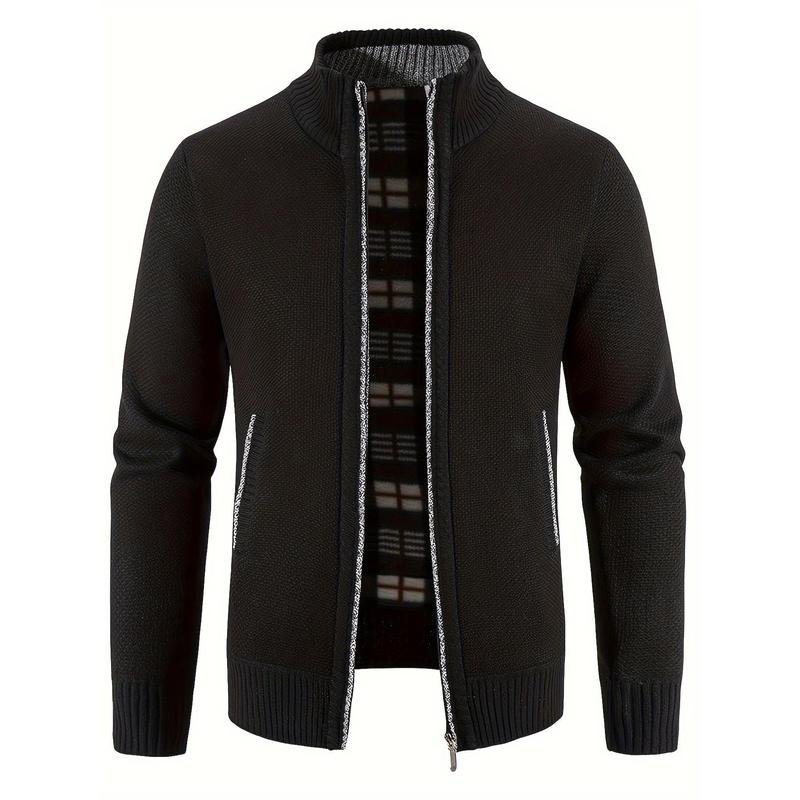 Mens Cozy Zip Up Knitted Jacket - Stylish Stand Collar, Comfortable for Cool Fall & Winter Days with Secure Zip Pockets Fabric Knitwear Menswear Zipper Casual High Neck Polyester Stretch Tops Knife