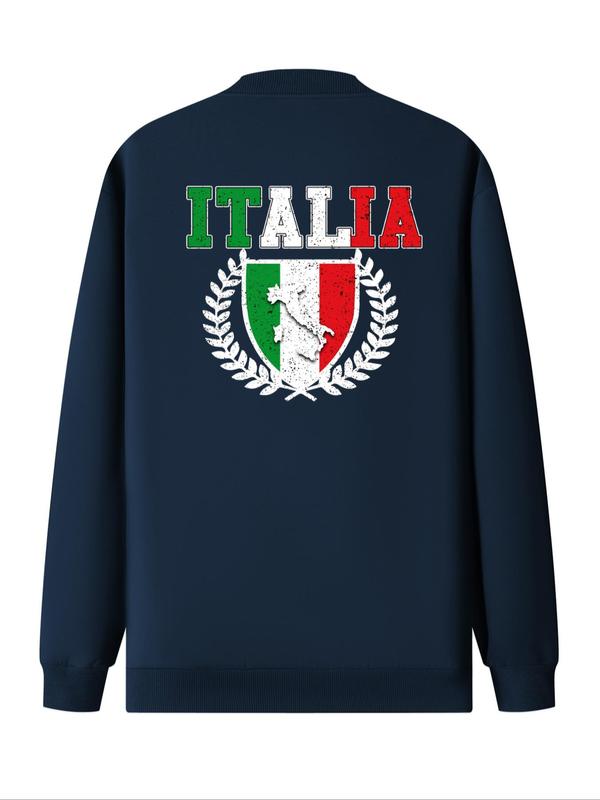 Men's Italy Flag & Letter Print Zip Up Baseball Collar Jacket, Regular Fit Casual Long Sleeve Pocket Outerwear for Daily Wear, Fashion Men's Clothes for All Seasons