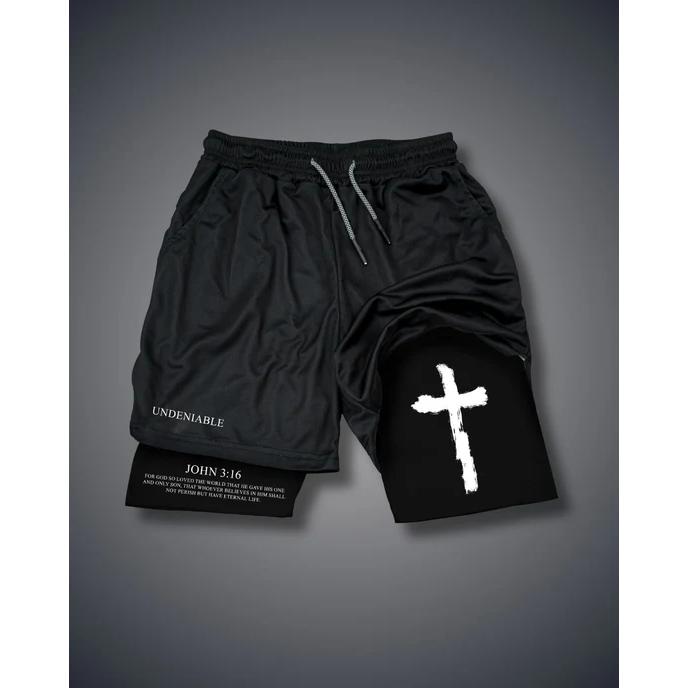 John 3:16 Cross Performance Shorts Men's Cross & Letter Print 2 in 1 Drawstring Waist Shorts, Loose Casual Pocket Track Shorts for Summer, Fashion Men's Bottoms for Daily Wear