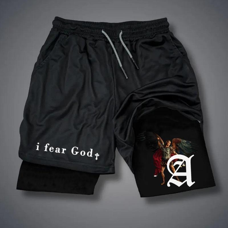 John 3:16 Cross Performance Shorts Men's Cross & Letter Print 2 in 1 Drawstring Waist Shorts, Loose Casual Pocket Track Shorts for Summer, Fashion Men's Bottoms for Daily Wear