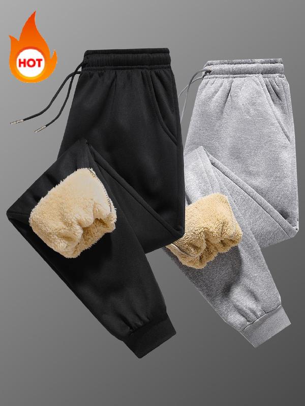 Men's Solid Drawstring Waist Pocket Thermal Lined Jogger Pants,  Casual Comfy Elastic Waist Trousers for Fall & Winter, Men's Bottoms for Daily Wear