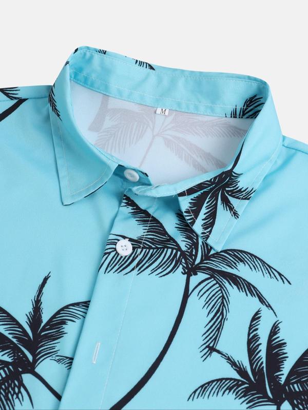 Men's Regular Fit Palm Tree Print Button Front Shirt without Tee & Necklace, Casual Short Sleeve Collar Shirt for Summer, Fashion Men's Top for Beach Vacation