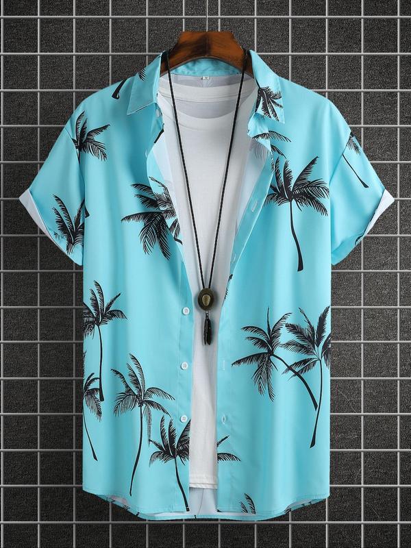 Men's Regular Fit Palm Tree Print Button Front Shirt without Tee & Necklace, Casual Short Sleeve Collar Shirt for Summer, Fashion Men's Top for Beach Vacation