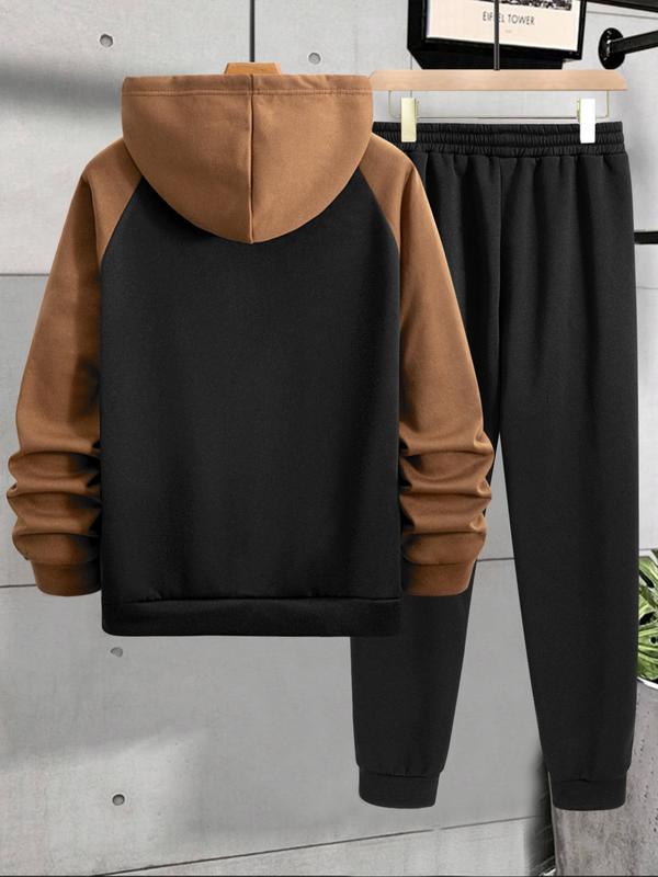 Two-Piece Set Men's Colorblock Raglan Sleeve Thermal Lined Hoodie & Drawstring Waist Sweatpants Set, Casual Regular Fit Long Sleeve Hooded Sweatshirt & Jogger Pants for Fall & Winter, Men's Two-piece Outfits for Daily Wear