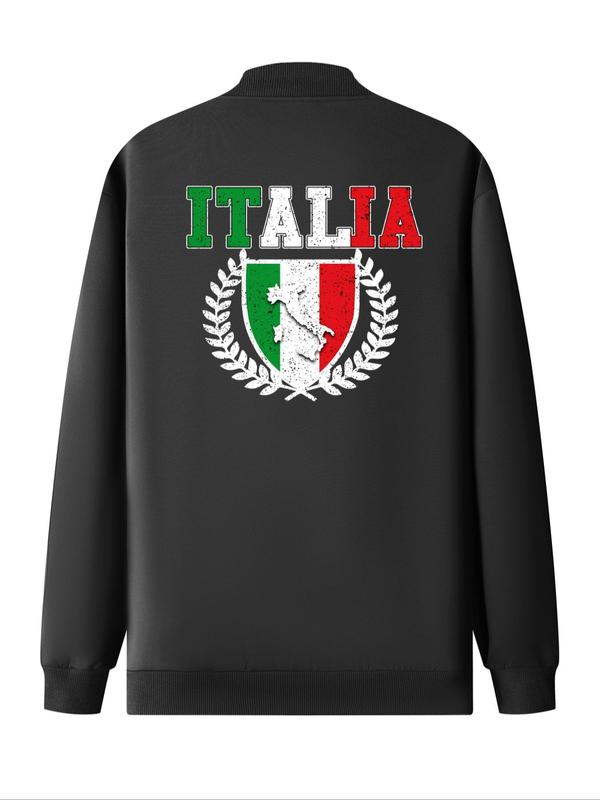 Men's Italy Flag & Letter Print Zip Up Baseball Collar Jacket, Regular Fit Casual Long Sleeve Pocket Outerwear for Daily Wear, Fashion Men's Clothes for All Seasons