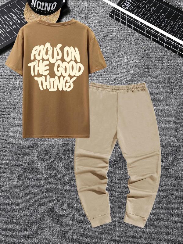 Two-Piece Set Men's Letter Print Drawstring Waist Pants Set, Casual Crew Neck Short Sleeve Tee & Pocket Trousers, Streetwear, Mens Summer Outfits Set for Daily Wear