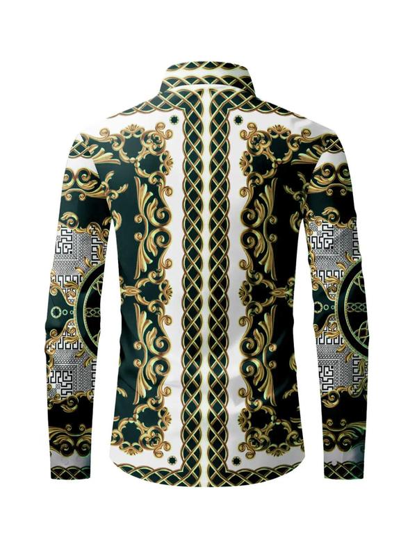 Men's Baroque Print Button Front Shirt, Casual Long Sleeve Collared Top for Spring & Fall, Fashion Men's Clothes for Daily Wear