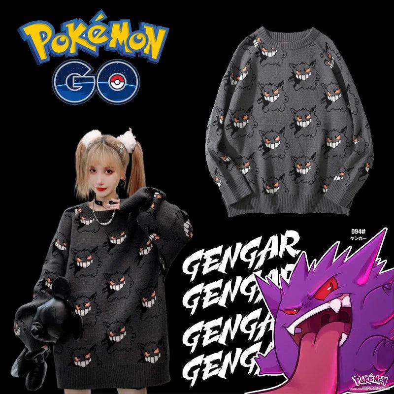 Pokemon Pikachu Gengar Anime Knitted Sweater Men Women's Warm Winter Clothes Long Sleeve T-shirt Fashion Casual Unisex Clothing