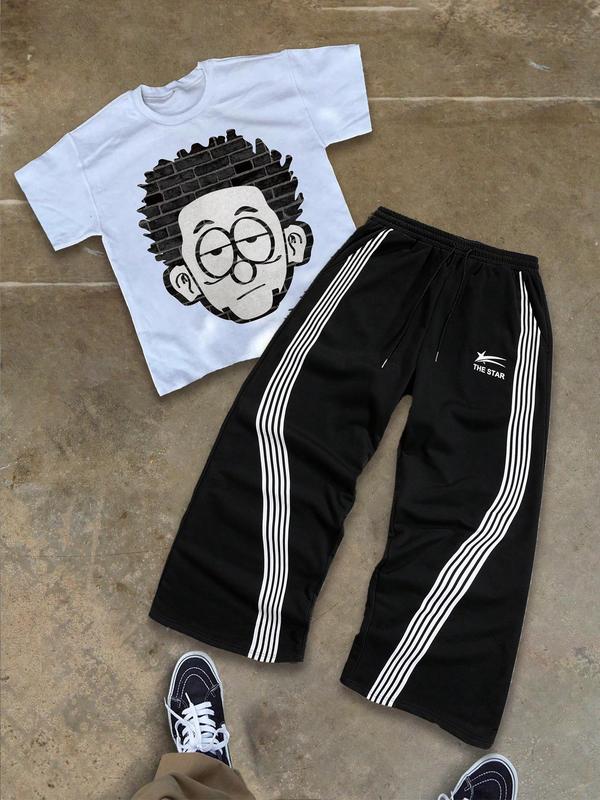 Men's Cartoon Face Print Tee & Striped Print Pants Two-piece Set, Regular Fit Casual Fashion Cozy Round Neck Short Sleeve T-shirt & Trousers for Daily Outdoor Wear, Men Two-piece Outfits for All Seasons