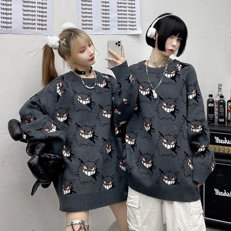 Pokemon Pikachu Gengar Anime Knitted Sweater Men Women's Warm Winter Clothes Long Sleeve T-shirt Fashion Casual Unisex Clothing