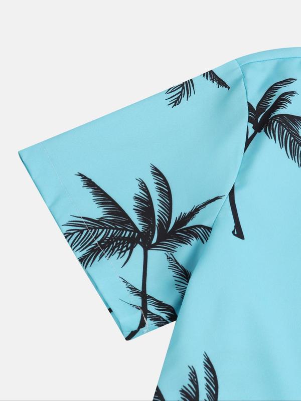 Men's Regular Fit Palm Tree Print Button Front Shirt without Tee & Necklace, Casual Short Sleeve Collar Shirt for Summer, Fashion Men's Top for Beach Vacation