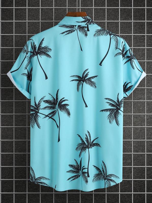 Men's Regular Fit Palm Tree Print Button Front Shirt without Tee & Necklace, Casual Short Sleeve Collar Shirt for Summer, Fashion Men's Top for Beach Vacation