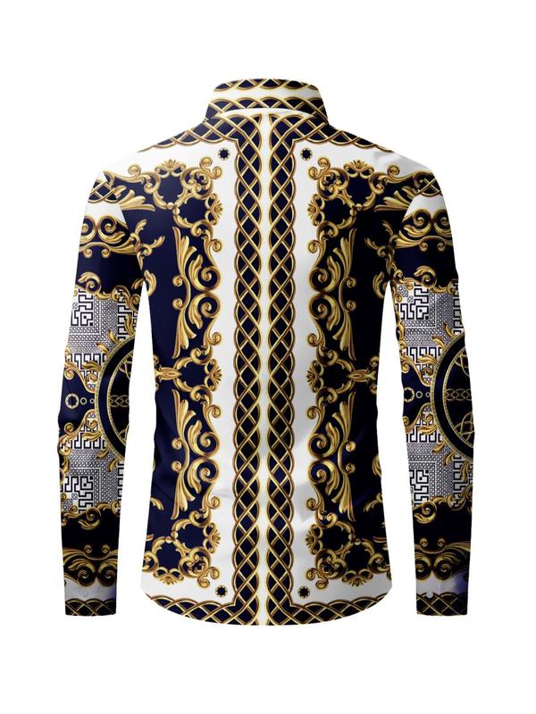 Men's Baroque Print Button Front Shirt, Casual Long Sleeve Collared Top for Spring & Fall, Fashion Men's Clothes for Daily Wear