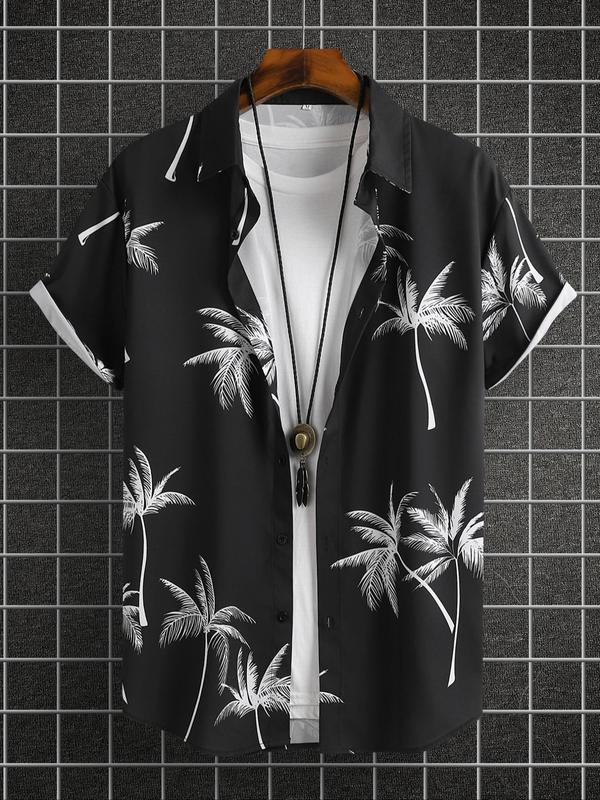 Men's Regular Fit Palm Tree Print Button Front Shirt without Tee & Necklace, Casual Short Sleeve Collar Shirt for Summer, Fashion Men's Top for Beach Vacation