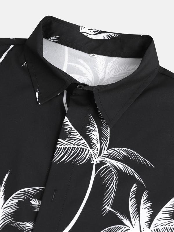 Men's Regular Fit Palm Tree Print Button Front Shirt without Tee & Necklace, Casual Short Sleeve Collar Shirt for Summer, Fashion Men's Top for Beach Vacation