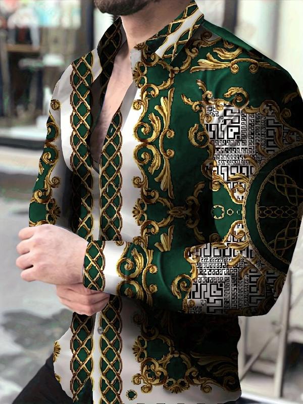 Men's Baroque Print Button Front Shirt, Casual Long Sleeve Collared Top for Spring & Fall, Fashion Men's Clothes for Daily Wear