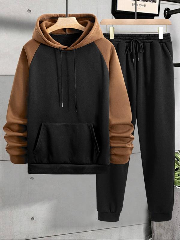 Two-Piece Set Men's Colorblock Raglan Sleeve Thermal Lined Hoodie & Drawstring Waist Sweatpants Set, Casual Regular Fit Long Sleeve Hooded Sweatshirt & Jogger Pants for Fall & Winter, Men's Two-piece Outfits for Daily Wear