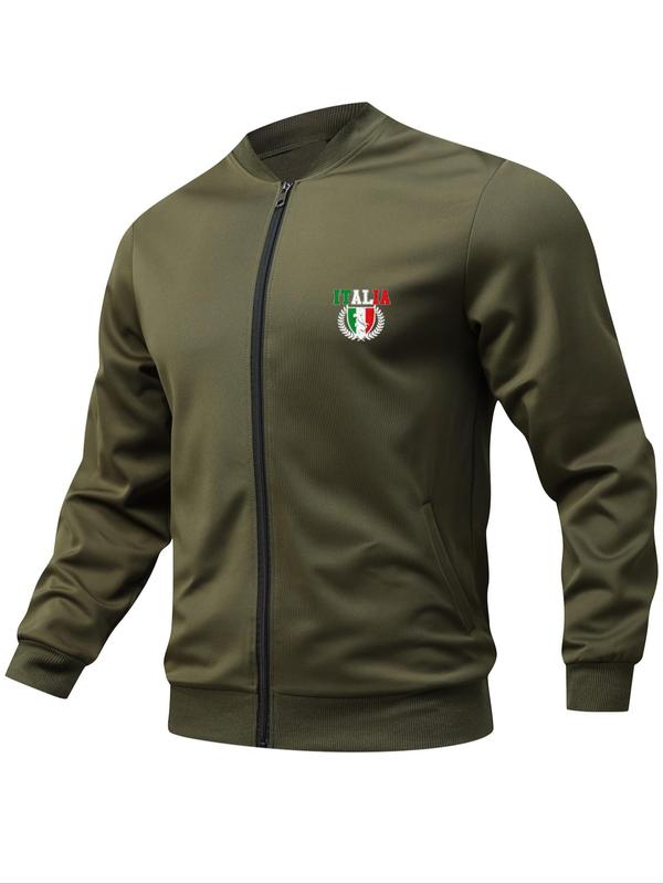 Men's Italy Flag & Letter Print Zip Up Baseball Collar Jacket, Regular Fit Casual Long Sleeve Pocket Outerwear for Daily Wear, Fashion Men's Clothes for All Seasons