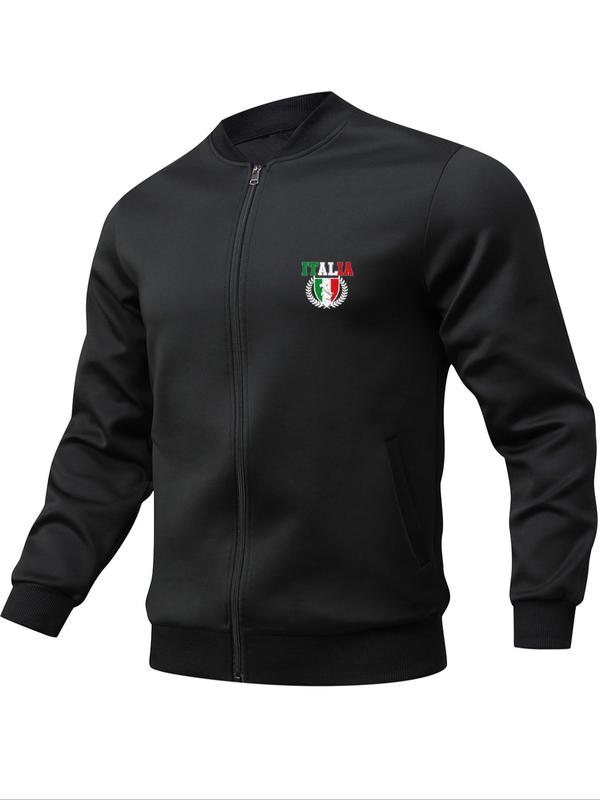 Men's Italy Flag & Letter Print Zip Up Baseball Collar Jacket, Regular Fit Casual Long Sleeve Pocket Outerwear for Daily Wear, Fashion Men's Clothes for All Seasons