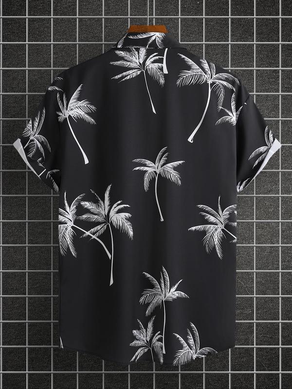 Men's Regular Fit Palm Tree Print Button Front Shirt without Tee & Necklace, Casual Short Sleeve Collar Shirt for Summer, Fashion Men's Top for Beach Vacation