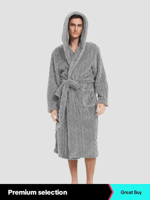 Men's Solid Textured Pocket Belted Wrap Lounge Robe, Plain Menswear Loungewear, Casual Long Sleeve Hooded Dressing Gown, Men's Sleepwear for Winter