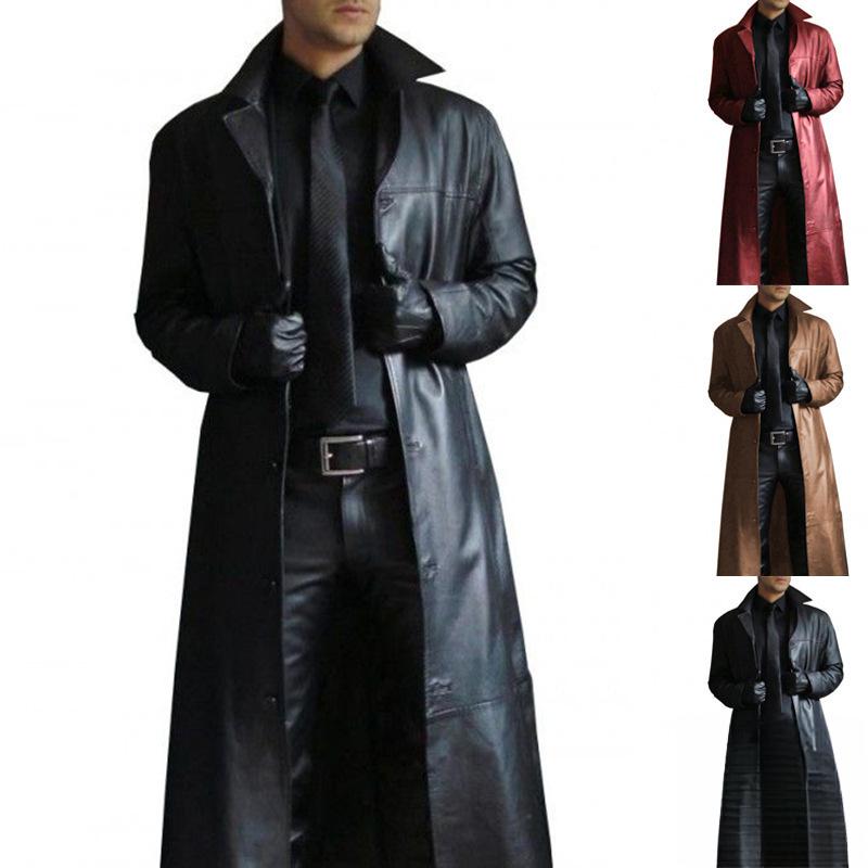 Fashion Domineering Gambler Temperament Pure Color Trench Coat Slim-Fit Leather Long Leather Jacket Men's Jacket Menswear Tops