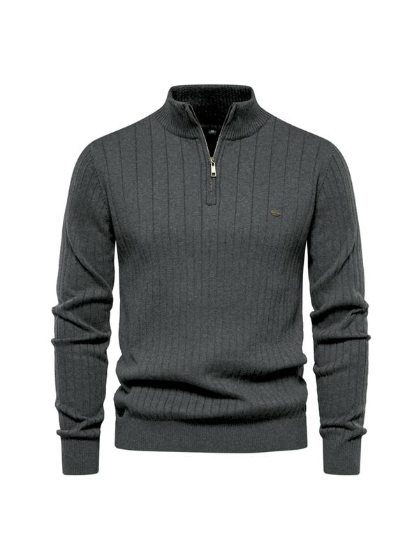 Men's Solid Color Patched Half Zip Sweater, Regular Fit Casual Long Sleeve Stand Collar Jumper for Fall & Winter, Men's Knitwear for Daily Wear