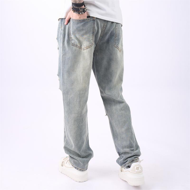 Stylish Retro Style Men Loose Motorcycle Jeans Trousers Male Street HipHop Ripped Solid Straight Denim Pants