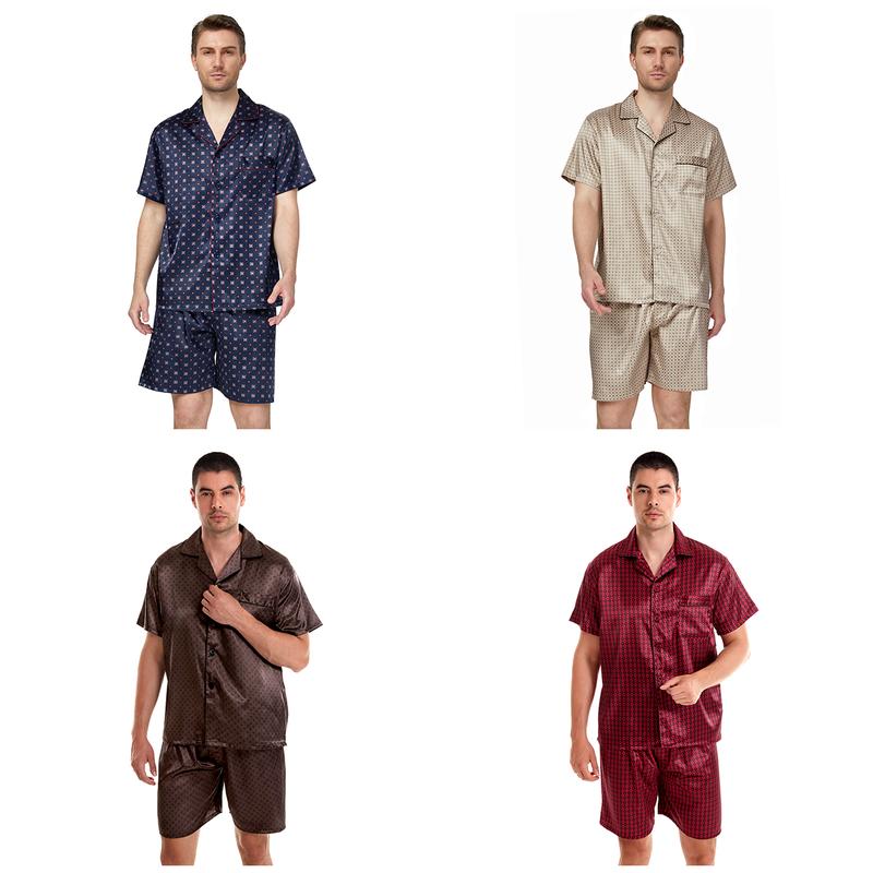 Tony & Candice Men Silk Short Sleeve Pajamas with Shorts, Satin Pajama Sets Summer Sleepwear