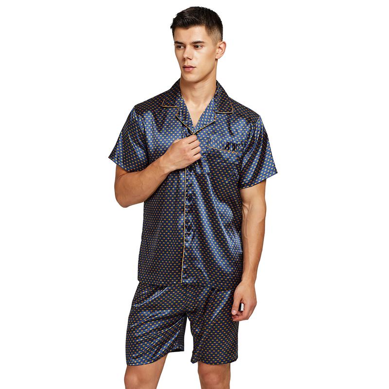 Tony & Candice Men Silk Short Sleeve Pajamas with Shorts, Satin Pajama Sets Summer Sleepwear