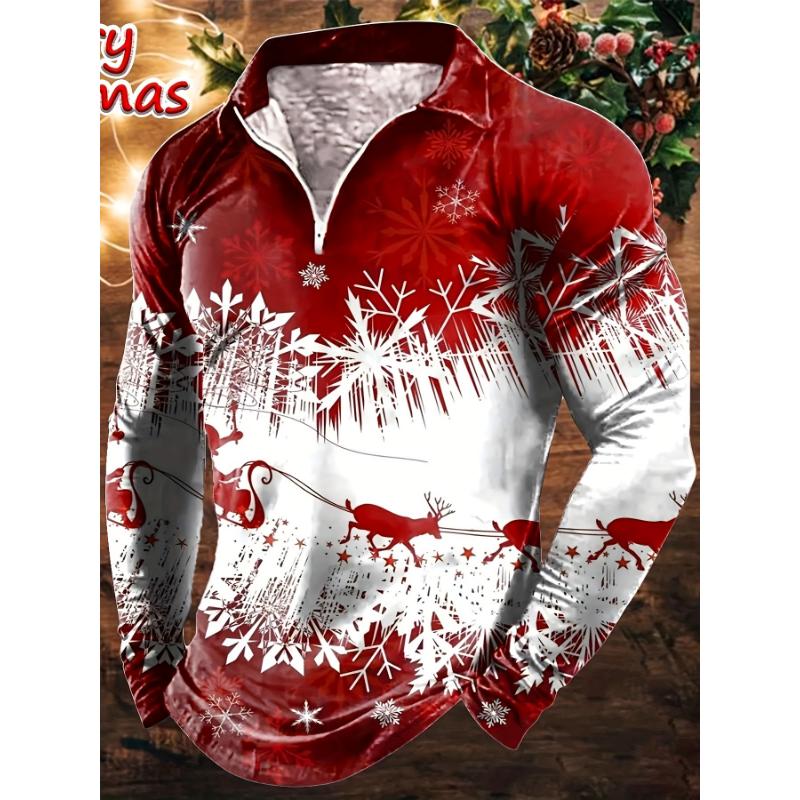 Christmas Snowflake Print Long Sleeve Men'S Shirt with Zipper, 100% Polyester Knit Fabric, Casual Fit with Slight Stretch, Spring Fall Season