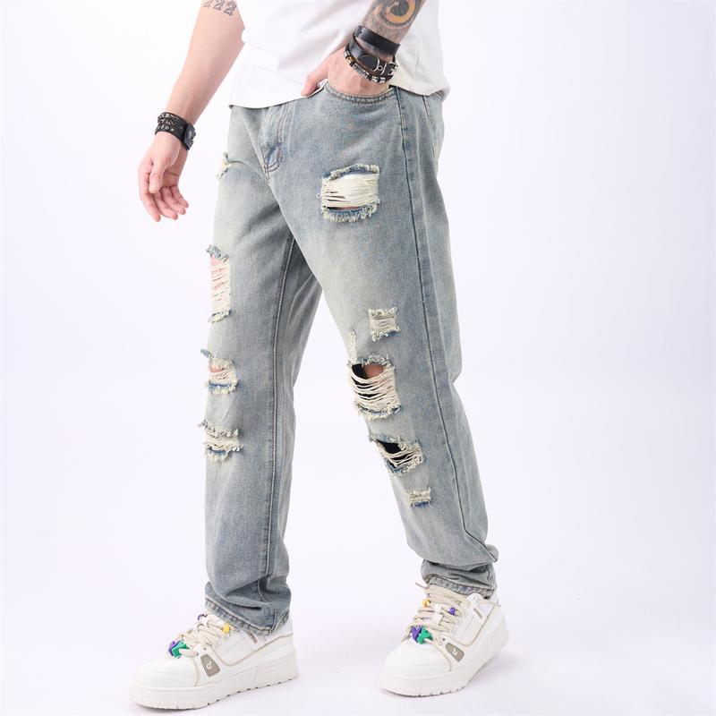 Stylish Retro Style Men Loose Motorcycle Jeans Trousers Male Street HipHop Ripped Solid Straight Denim Pants