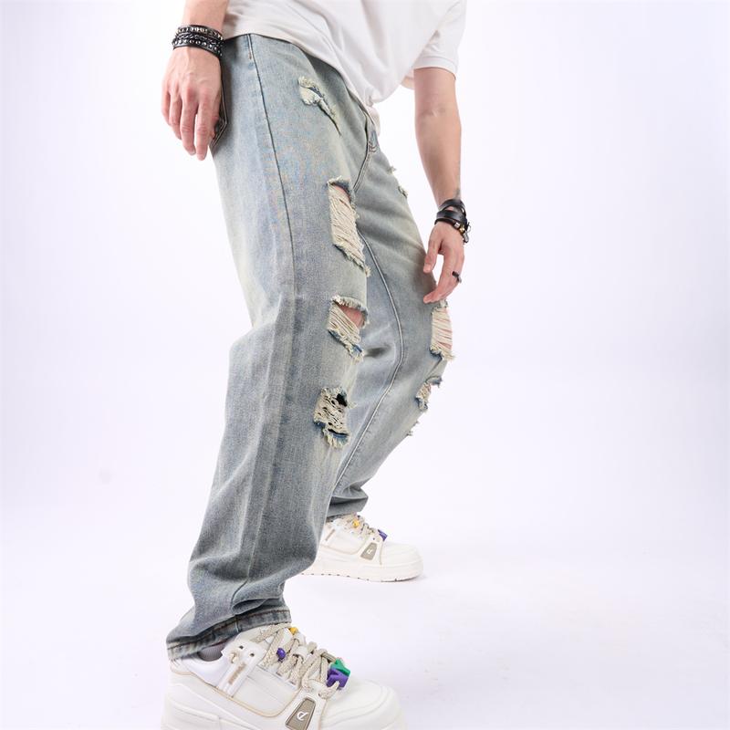 Stylish Retro Style Men Loose Motorcycle Jeans Trousers Male Street HipHop Ripped Solid Straight Denim Pants