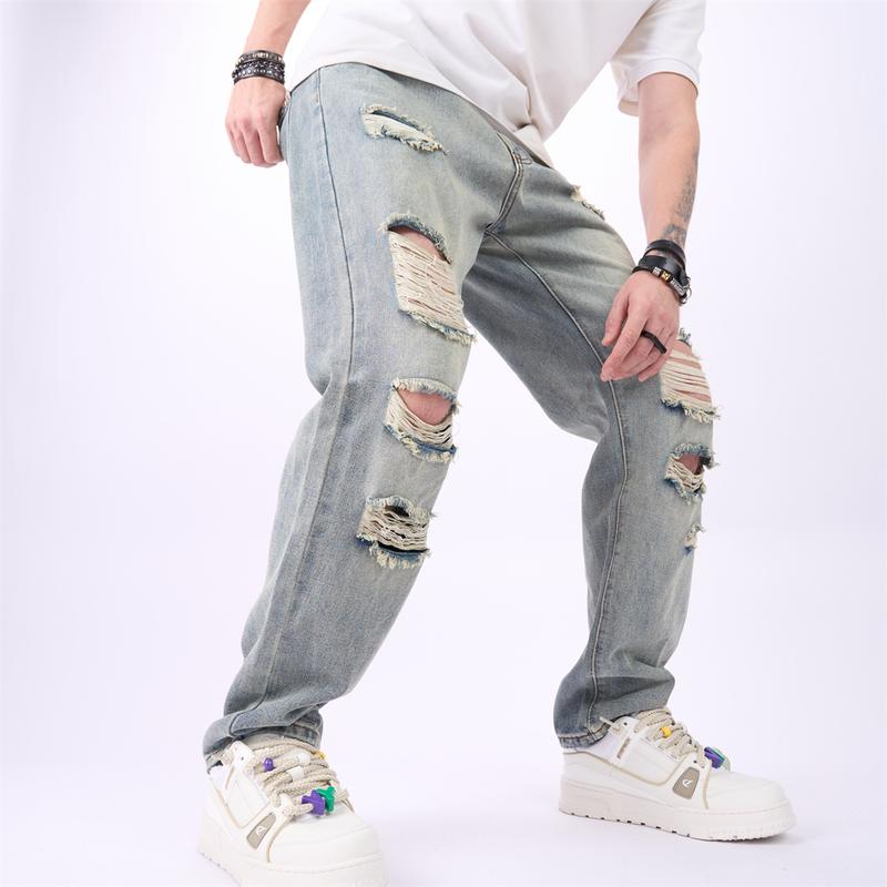 Stylish Retro Style Men Loose Motorcycle Jeans Trousers Male Street HipHop Ripped Solid Straight Denim Pants