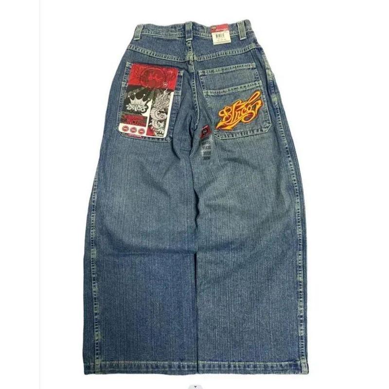 JNCO Y2K loose embroidered jeans, men's vintage embroidered high-quality jeans, hip-hop gothic streetwear, Harajuku men's and women's casual wide-leg jeans