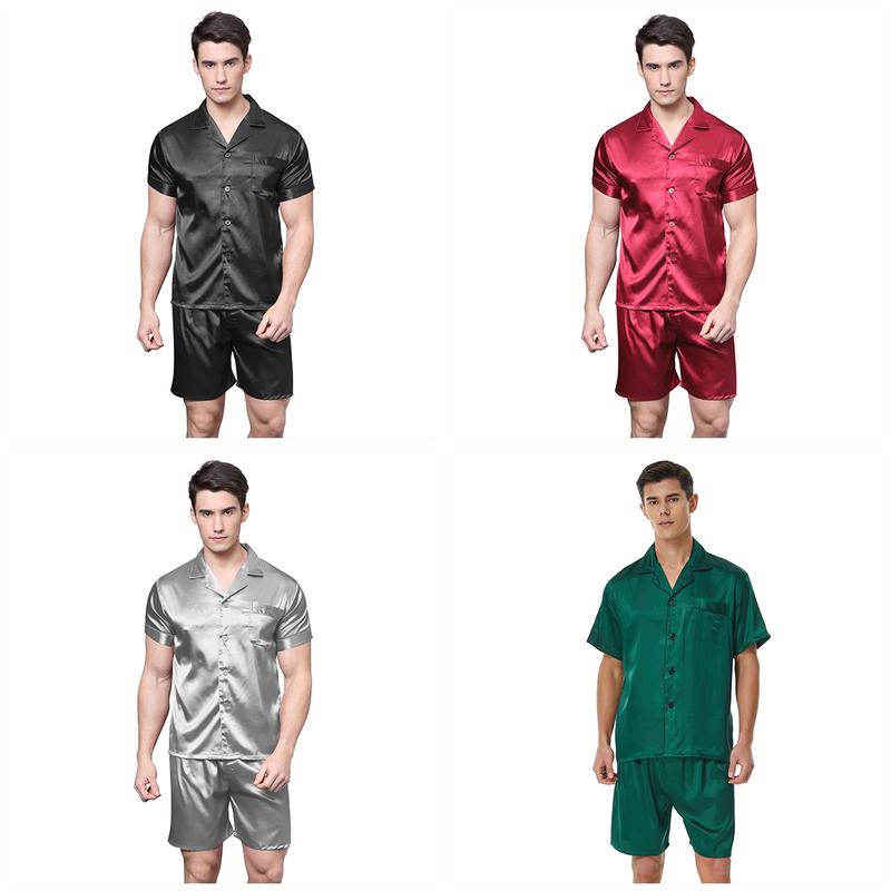 Tony & Candice Men Silk Short Sleeve Pajamas with Shorts, Satin Pajama Sets Summer Sleepwear