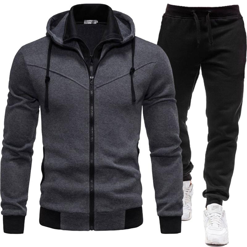 2024 New Autumn And Winter Sports Splicing Jacket Casual  Trousers Hooded Sports Men's Suit Two-piece Set Streetwear Denim Trouser Cotton Fabric Menswear Pants Clothing Fashion Original Polyester Top