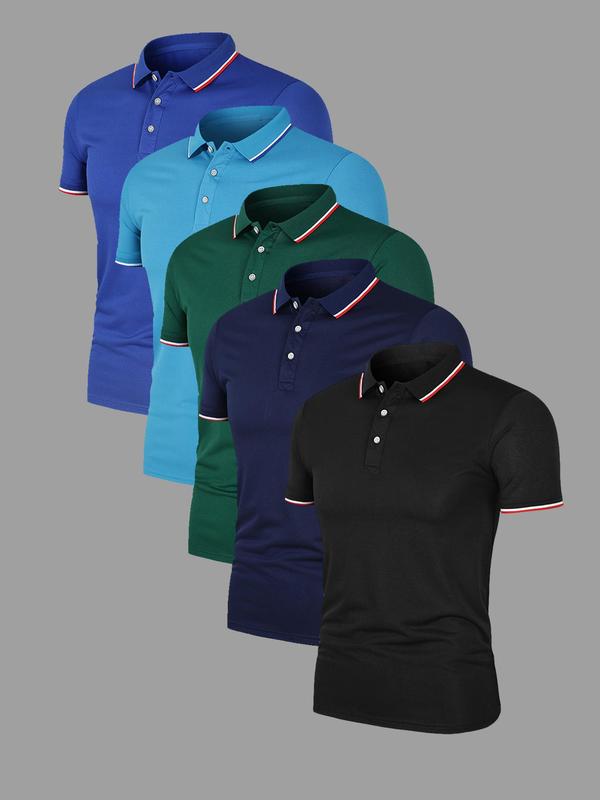 Men's Solid Color Stripes Polo Shirt, Regular Fit Casual Short Sleeve Button Front Top for Summer, Fashion Men's Clothes for Daily Wear