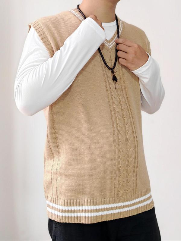  Men's Contrast Binding Cable Knit Sweater Vest, Regular Fit Casual Sleeveless Round Neck Knit Top for Fall & Winter, Men's Clothing for Daily Wear