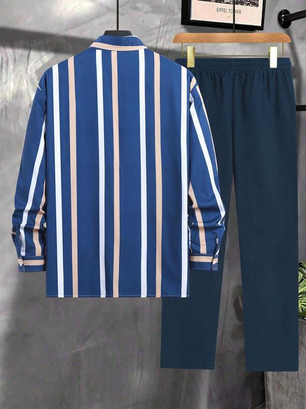 Two-piece Set Men's Striped Print Button Front Shirt & Drawstring Waist Pants, Regular Fit Casual Long Sleeve Collared Top & Elastic Waist Trousers for Daily Wear, Men's Two-piece Outfits for All Seasons