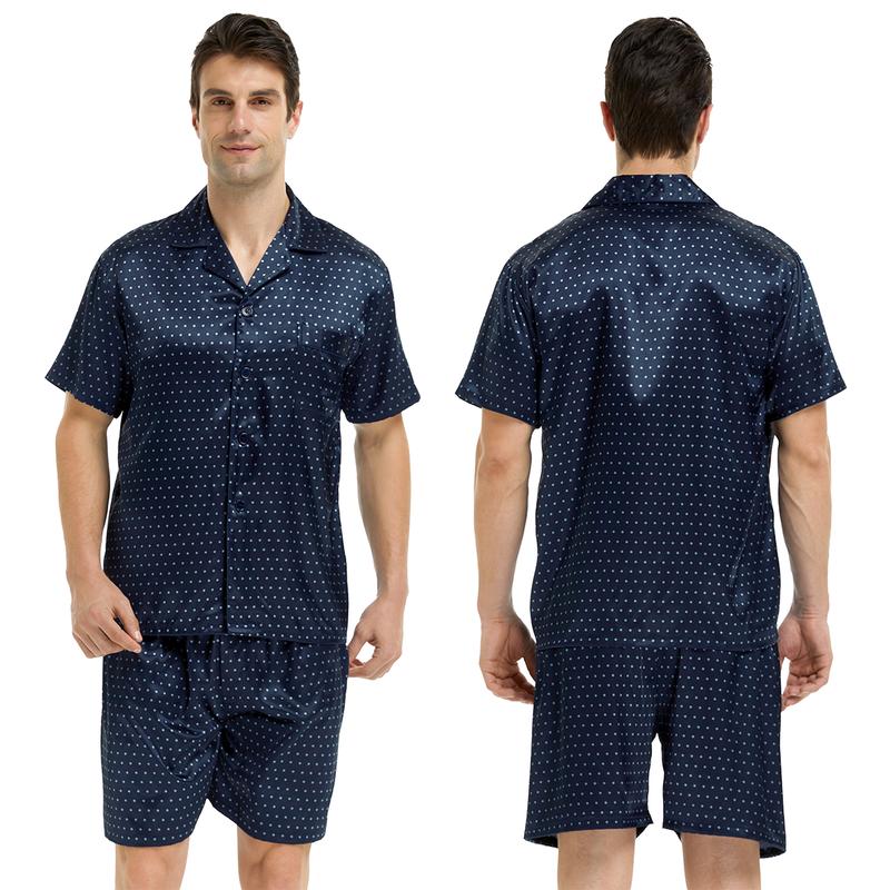 Tony & Candice Men Silk Short Sleeve Pajamas with Shorts, Satin Pajama Sets Summer Sleepwear